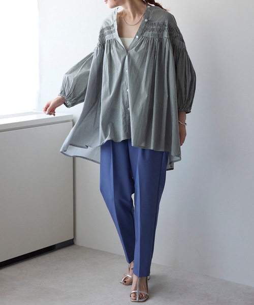 美品 23区 23SSコットンポプリンピンタックブラウス ブルーストライプ 38 23区 【洗える】コットンポプリン ピンタック ブラウス （ブルー