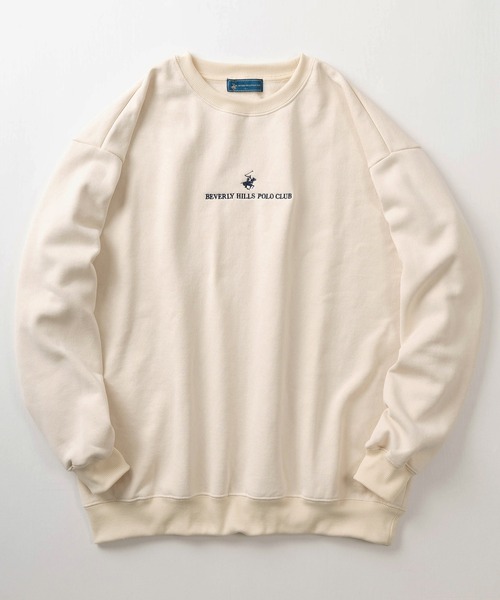 BEVERLY HILLS POLO CLUB(ビバリーヒルズポロクラブ)の「【0】【BEVERLY HILLS POLO CLUB/ビバリーヒルズポロクラブ】ブランドロゴ ワンポイント刺繍 &ブランドネーム刺繍 クルーネックスウェット/ワイドシルエット/裏起毛(スウェット・メンズ・ブラック/アイボリー/ネイビー/ブラウン/グリーン・M/L/XL)」の1枚目の写真
