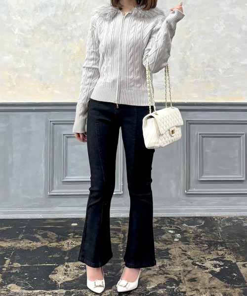 Julia Boutique（ジュリアブティック）の「ファー付きパーカーニットトップス（ニット/セーター・レディース・ピンク/ブラウン/ホワイト/クリーム/グレー/ブラック・ONE）」の18枚目の写真