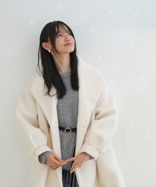 TRUDEA（トルディア）の「シャギーオープンカラーミドルコート（ピーコート・レディース・チャコールグレー/ブラウン/アイボリー・MEDIUM）」の2枚目の写真