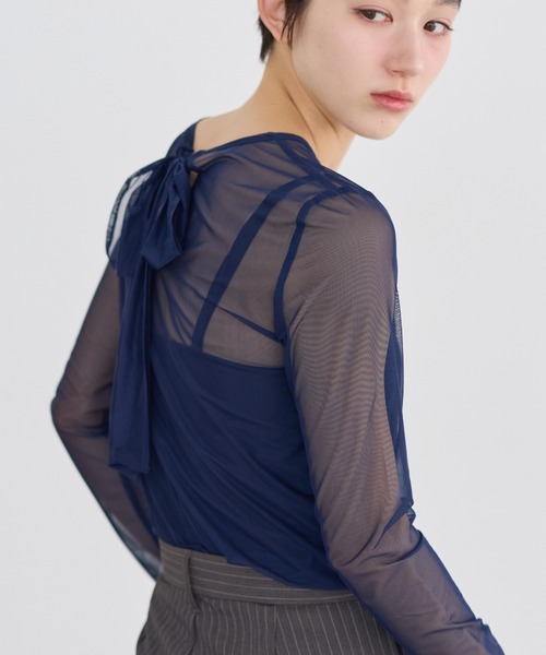 RIBBON SHEER CHOKER トップス レディース 3color 】クロスストラップロングチョーカーリボントップス