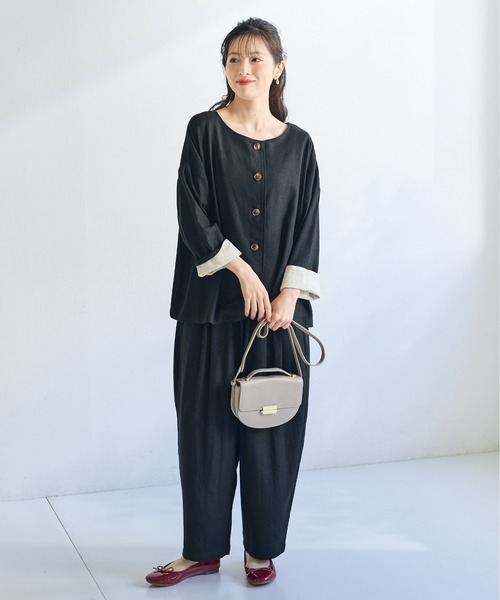 SMILE LAND（スマイルランド）の「＜大きいサイズ＞２WAY麻混ジャケット【Otona Purete】（ノーカラージャケット・レディース・ブラック/ベージュ・L/LL/3L/4L/5L）」の9枚目の写真