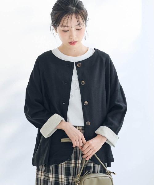 SMILE LAND（スマイルランド）の「＜大きいサイズ＞２WAY麻混ジャケット【Otona Purete】（ノーカラージャケット・レディース・ブラック/ベージュ・L/LL/3L/4L/5L）」の3枚目の写真