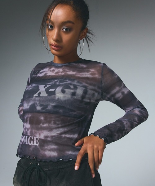 X-girl(エックスガール)の「TYPOGRAPHY AND MARBLE MESH TOP(Tシャツ/カットソー・レディース・ブラック/ブラウン・S/M)」の2枚目の写真