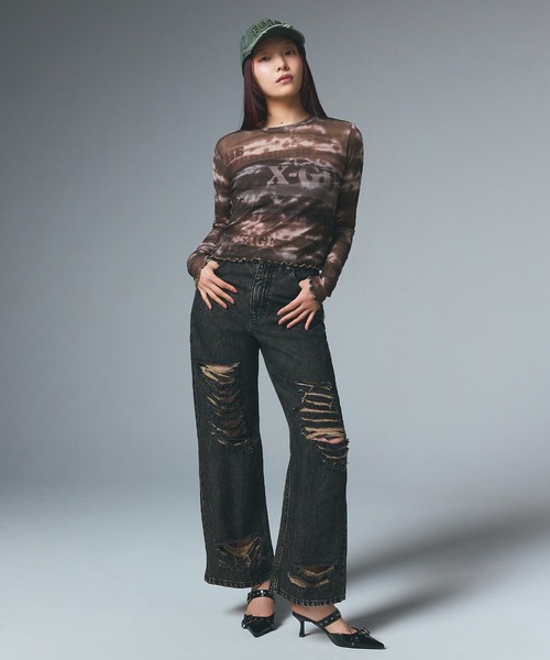 X-girl(エックスガール)の「TYPOGRAPHY AND MARBLE MESH TOP(Tシャツ/カットソー・レディース・ブラック/ブラウン・S/M)」の10枚目の写真