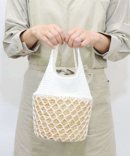ストローメッシュネット かごバッグ ホワイト 白 生地 布付