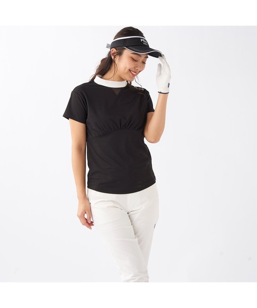 FILA GOLF(フィラゴルフ )の「FILA GOLF/フィラ ゴルフ ゴルフウェア ブランド ロゴ カットアウト ジャガード ハイネック 半袖 シャツ UVカット(Tシャツ/カットソー・レディース・ブルー/ブラック/ホワイト・M/L/LL)」の21枚目の写真