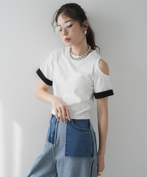 bohmal(ボマール)の「カットオフバイカラースリーブTシャツ(Tシャツ/カットソー・レディース・ホワイト/ブラック・FREE)」の13枚目の写真