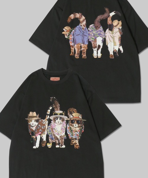 PERSONSOUL*Animals T-Shirt プリント ルーズTシャツ カジュアル セール】Cat Print T-Shirt/猫 アニマル プリント オーバー