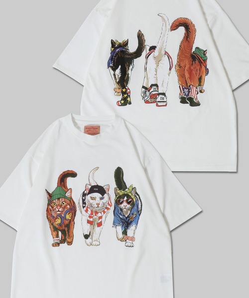 セール】Cat Print T-Shirt/猫 アニマル プリント オーバー