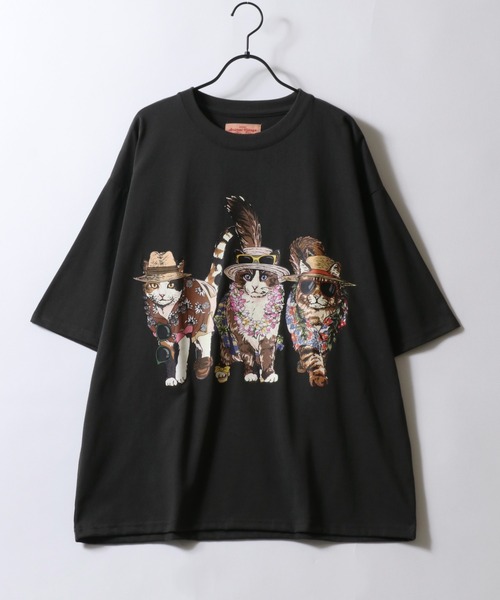 tシャツ Cat Printed Embellished Distressed T-Shirt レディース セール】Cat Print T-Shirt/猫 アニマル プリント オーバー