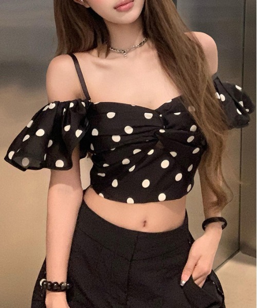 トップスのみ♡未使用　オフショルシフォンセットアップ Y2K オフショルストラップ 水玉トップス（Tシャツ/カットソー