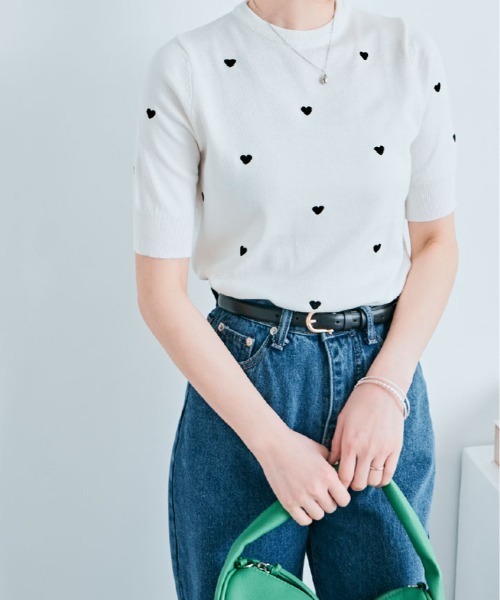 セール】ハート 刺繍 半袖 コットン ニット（ニット/セーター