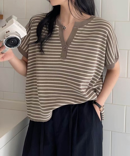 aimoha（アイモハ）の「【aimoha】Yヘンリーネックボーダーリラックスプルオーバー (SS)（Tシャツ/カットソー・レディース・ライトベージュ/チョコ/グリーン/キャメル/ブルー/ブラック・FREE）」の3枚目の写真