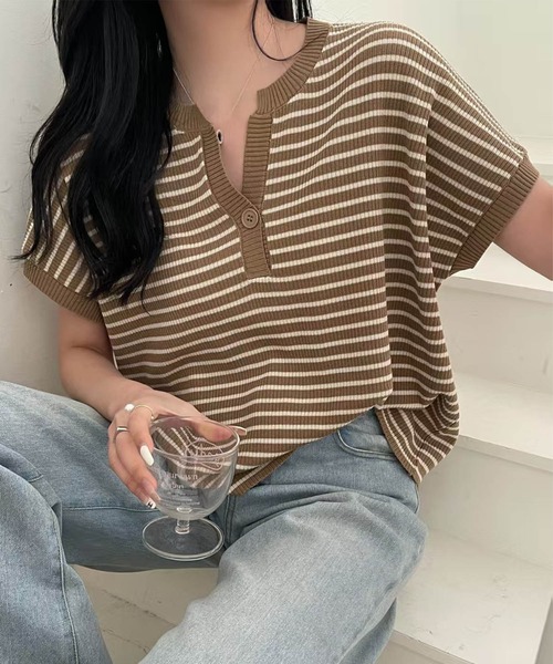 aimoha（アイモハ）の「【aimoha】Yヘンリーネックボーダーリラックスプルオーバー (SS)（Tシャツ/カットソー・レディース・ライトベージュ/チョコ/グリーン/キャメル/ブルー/ブラック・FREE）」の6枚目の写真