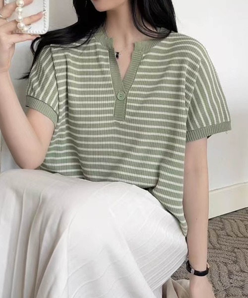 aimoha（アイモハ）の「【aimoha】Yヘンリーネックボーダーリラックスプルオーバー (SS)（Tシャツ/カットソー・レディース・ライトベージュ/チョコ/グリーン/キャメル/ブルー/ブラック・FREE）」の5枚目の写真