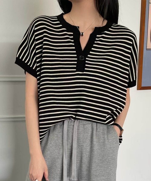 aimoha（アイモハ）の「【aimoha】Yヘンリーネックボーダーリラックスプルオーバー (SS)（Tシャツ/カットソー・レディース・ライトベージュ/チョコ/グリーン/キャメル/ブルー/ブラック・FREE）」の8枚目の写真