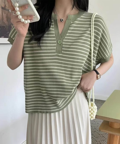 aimoha（アイモハ）の「【aimoha】Yヘンリーネックボーダーリラックスプルオーバー (SS)（Tシャツ/カットソー・レディース・ライトベージュ/チョコ/グリーン/キャメル/ブルー/ブラック・FREE）」の20枚目の写真