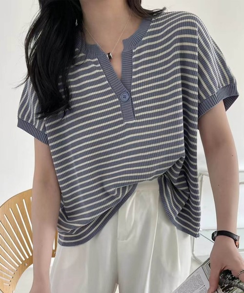 aimoha（アイモハ）の「【aimoha】Yヘンリーネックボーダーリラックスプルオーバー (SS)（Tシャツ/カットソー・レディース・ライトベージュ/チョコ/グリーン/キャメル/ブルー/ブラック・FREE）」の21枚目の写真