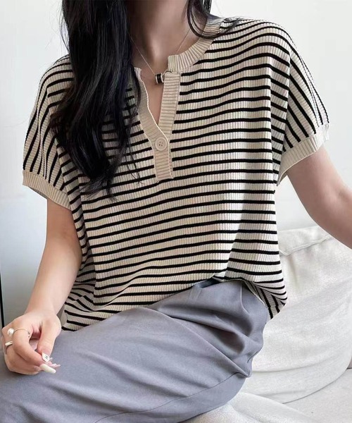 aimoha（アイモハ）の「【aimoha】Yヘンリーネックボーダーリラックスプルオーバー (SS)（Tシャツ/カットソー・レディース・ライトベージュ/チョコ/グリーン/キャメル/ブルー/ブラック・FREE）」の14枚目の写真