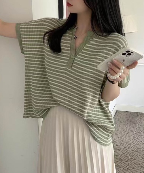 aimoha（アイモハ）の「【aimoha】Yヘンリーネックボーダーリラックスプルオーバー (SS)（Tシャツ/カットソー・レディース・ライトベージュ/チョコ/グリーン/キャメル/ブルー/ブラック・FREE）」の18枚目の写真