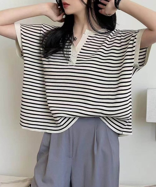 aimoha（アイモハ）の「【aimoha】Yヘンリーネックボーダーリラックスプルオーバー (SS)（Tシャツ/カットソー・レディース・ライトベージュ/チョコ/グリーン/キャメル/ブルー/ブラック・FREE）」の17枚目の写真