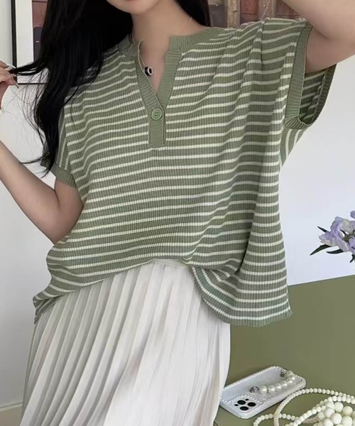 aimoha（アイモハ）の「【aimoha】Yヘンリーネックボーダーリラックスプルオーバー (SS)（Tシャツ/カットソー・レディース・ライトベージュ/チョコ/グリーン/キャメル/ブルー/ブラック・FREE）」の19枚目の写真