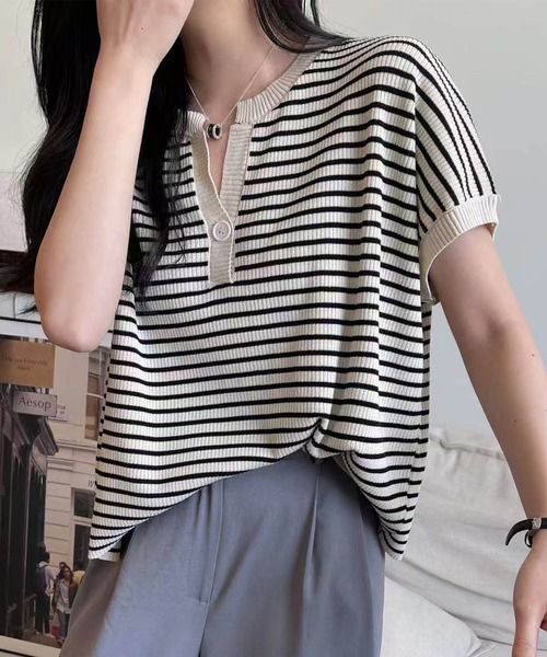 aimoha（アイモハ）の「【aimoha】Yヘンリーネックボーダーリラックスプルオーバー (SS)（Tシャツ/カットソー・レディース・ライトベージュ/チョコ/グリーン/キャメル/ブルー/ブラック・FREE）」の15枚目の写真