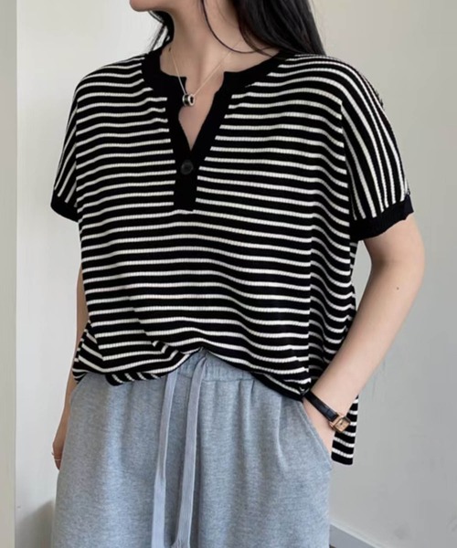 aimoha（アイモハ）の「【aimoha】Yヘンリーネックボーダーリラックスプルオーバー (SS)（Tシャツ/カットソー・レディース・ライトベージュ/チョコ/グリーン/キャメル/ブルー/ブラック・FREE）」の10枚目の写真