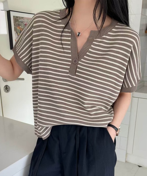 aimoha（アイモハ）の「【aimoha】Yヘンリーネックボーダーリラックスプルオーバー (SS)（Tシャツ/カットソー・レディース・ライトベージュ/チョコ/グリーン/キャメル/ブルー/ブラック・FREE）」の11枚目の写真