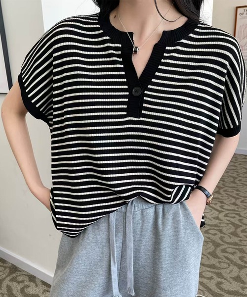 aimoha（アイモハ）の「【aimoha】Yヘンリーネックボーダーリラックスプルオーバー (SS)（Tシャツ/カットソー・レディース・ライトベージュ/チョコ/グリーン/キャメル/ブルー/ブラック・FREE）」の9枚目の写真