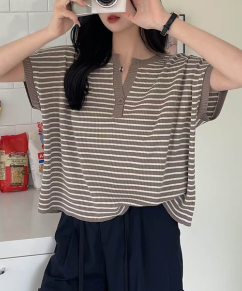 aimoha（アイモハ）の「【aimoha】Yヘンリーネックボーダーリラックスプルオーバー (SS)（Tシャツ/カットソー・レディース・ライトベージュ/チョコ/グリーン/キャメル/ブルー/ブラック・FREE）」の12枚目の写真