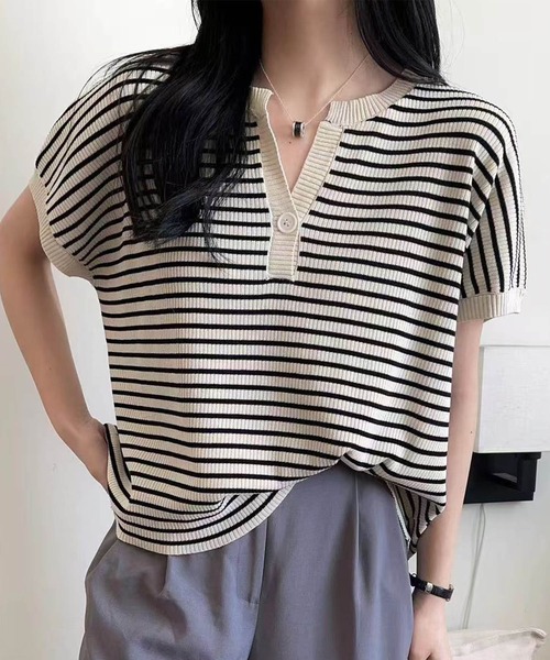 aimoha（アイモハ）の「【aimoha】Yヘンリーネックボーダーリラックスプルオーバー (SS)（Tシャツ/カットソー・レディース・ライトベージュ/チョコ/グリーン/キャメル/ブルー/ブラック・FREE）」の16枚目の写真