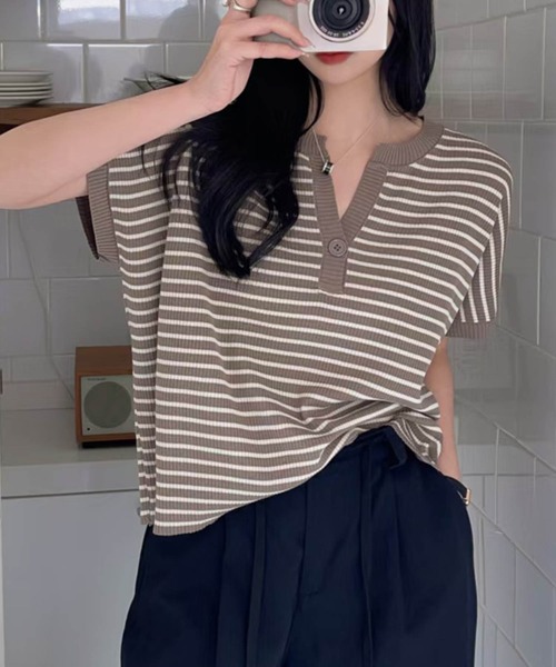 aimoha（アイモハ）の「【aimoha】Yヘンリーネックボーダーリラックスプルオーバー (SS)（Tシャツ/カットソー・レディース・ライトベージュ/チョコ/グリーン/キャメル/ブルー/ブラック・FREE）」の13枚目の写真