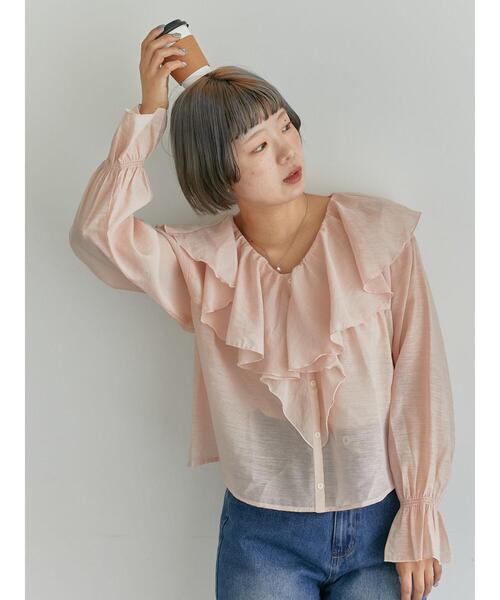 ehka sopo（エヘカソポ）の「シアーラッフルブラウス（シャツ/ブラウス・レディース・キナリ/ピンク/グリーン・F）」の3枚目の写真