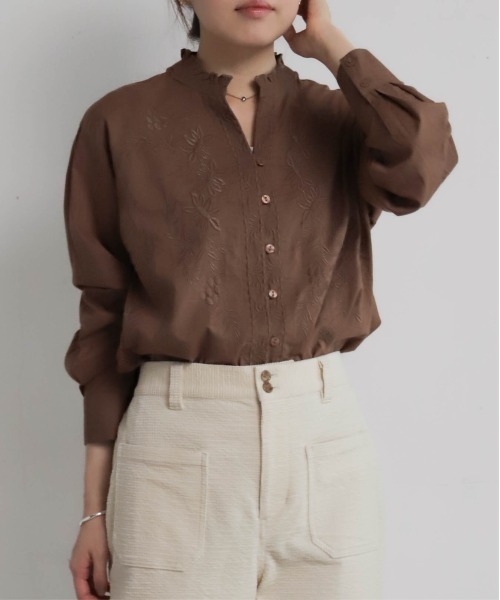 セール】インド綿刺繍 スキッパー長袖ブラウス（シャツ/ブラウス