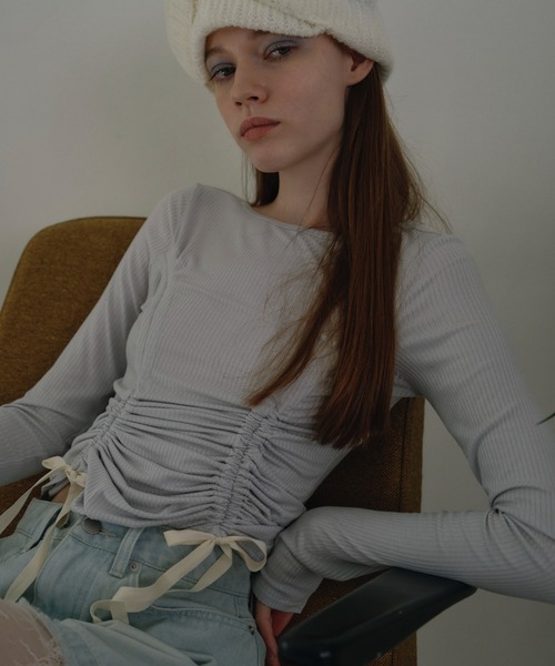 HONEY MI HONEY(ハニーミーハニー)の「drawstring rib cutsew(Tシャツ/カットソー・レディース・オフホワイト/サックスブルー/ブラック/ピンク・FREE)」の3枚目の写真