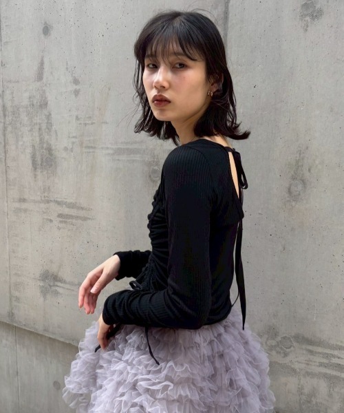 HONEY MI HONEY(ハニーミーハニー)の「drawstring rib cutsew(Tシャツ/カットソー・レディース・オフホワイト/サックスブルー/ブラック/ピンク・FREE)」の14枚目の写真