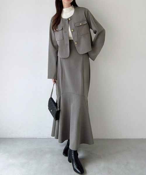 セール】ノーカラージャケット＋マーメイドスカートSET（薄手、裏地