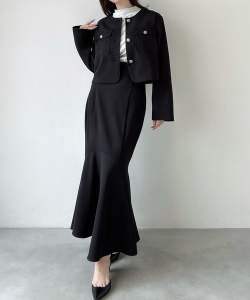 セール】ノーカラージャケット＋マーメイドスカートSET（薄手、裏地