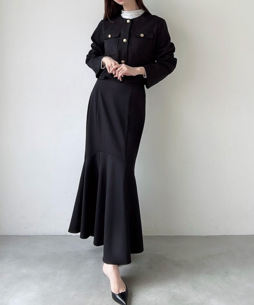 セール】ノーカラージャケット＋マーメイドスカートSET（薄手、裏地