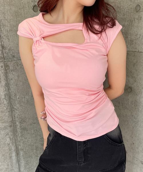 ROGER AND RAW(ロジャーアンドロウ)の「カットアウトフレンチスリーブTシャツ(Tシャツ/カットソー・レディース・ピンク/ホワイト/グレー・FREE)」の3枚目の写真