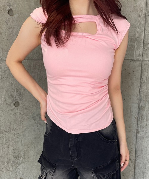 ROGER AND RAW(ロジャーアンドロウ)の「カットアウトフレンチスリーブTシャツ(Tシャツ/カットソー・レディース・ピンク/ホワイト/グレー・FREE)」の4枚目の写真