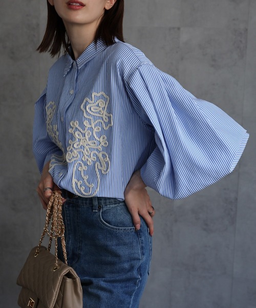 セール】コード刺繍 ボリューム袖ブラウス/長袖（シャツ/ブラウス