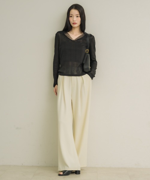 NEUNA(ヌナ)の「【二の腕カバー/日焼け対策を可愛く!!】シアーカラーリブトップス(Tシャツ/カットソー・レディース・ブラック/アイボリー・FREE)」の9枚目の写真