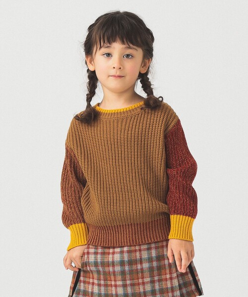 B:MING by BEAMS（ビーミングバイビームス）の「クレイジー ニット プルオーバー 2025FW（90～140cm）（ニット/セーター・キッズ・ベージュ/ダークグリーン・M(110-120)/L(130-140)/S(90-100)）」の2枚目の写真