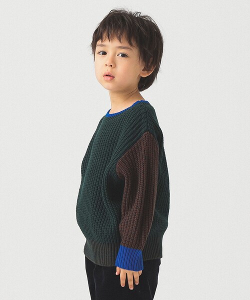 B:MING by BEAMS（ビーミングバイビームス）の「クレイジー ニット プルオーバー 2025FW（90～140cm）（ニット/セーター・キッズ・ベージュ/ダークグリーン・M(110-120)/L(130-140)/S(90-100)）」の6枚目の写真