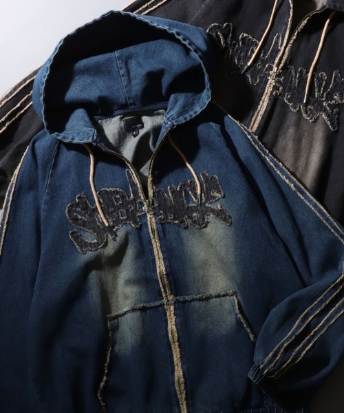 セール】Tagging Logo Fringe Denim Hoodie/タギングロゴ フリンジ