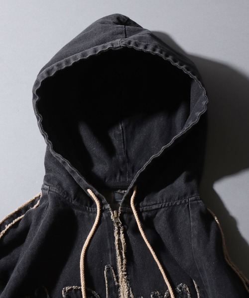SITRY（シトリー）の「Tagging Logo Fringe Denim Hoodie/タギングロゴ フリンジ  ショート丈 デニムパーカー デニムジャケット ブルゾン フルジップパーカー フーディー（デニムジャケット・メンズ・グレー/ブラック/ネイビー・M/L）」の5枚目の写真