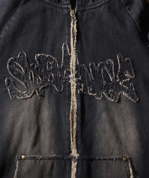 SITRY（シトリー）の「Tagging Logo Fringe Denim Hoodie/タギングロゴ フリンジ  ショート丈 デニムパーカー デニムジャケット ブルゾン フルジップパーカー フーディー（デニムジャケット・メンズ・グレー/ブラック/ネイビー・M/L）」の4枚目の写真